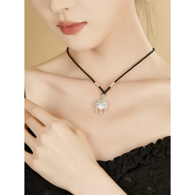 Sterling Silver999Safety Lock Necklace Female Longevity Lock Braid Rope Pure Silver Small Silver Lock Pendant Valentine's Day Gi