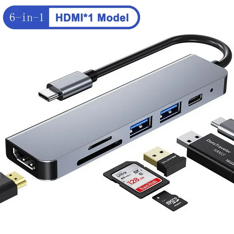 

6 Ports USB C Hub to 4K HDMI-Compatible SD TF Card Reader USB 3.0 2.0 HUB Type C Charging Docking for MacBook iPad Samsung