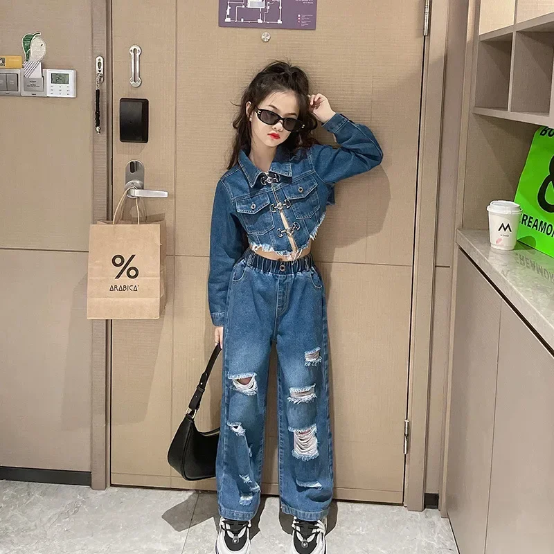 

2023 Autumn Girls Denim Set Short Jacket Ripped Jeans Two Pieces Teenage Children Clothing Fashion Streetwear Skirt Kids Outfits