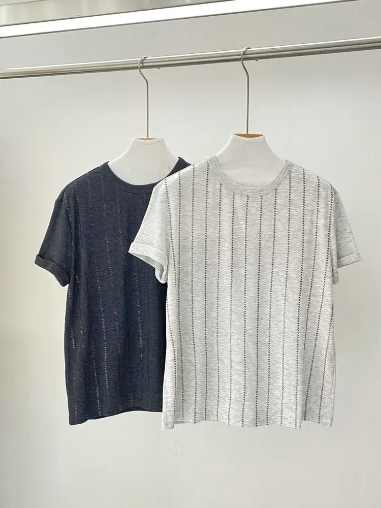 

Spring And Summer New Blended Short-Sleeved T-Shirt Heavy Shiny Beaded Round Neck Pullover For Women