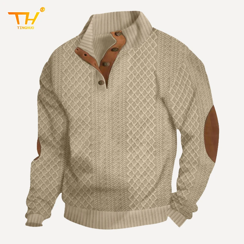 Men's Colorblock Patchwork Jacquard Button Front Sweater Sweatshirt, Regular Casual Long Sleeve Stand Collar Knitted Sweatshirt