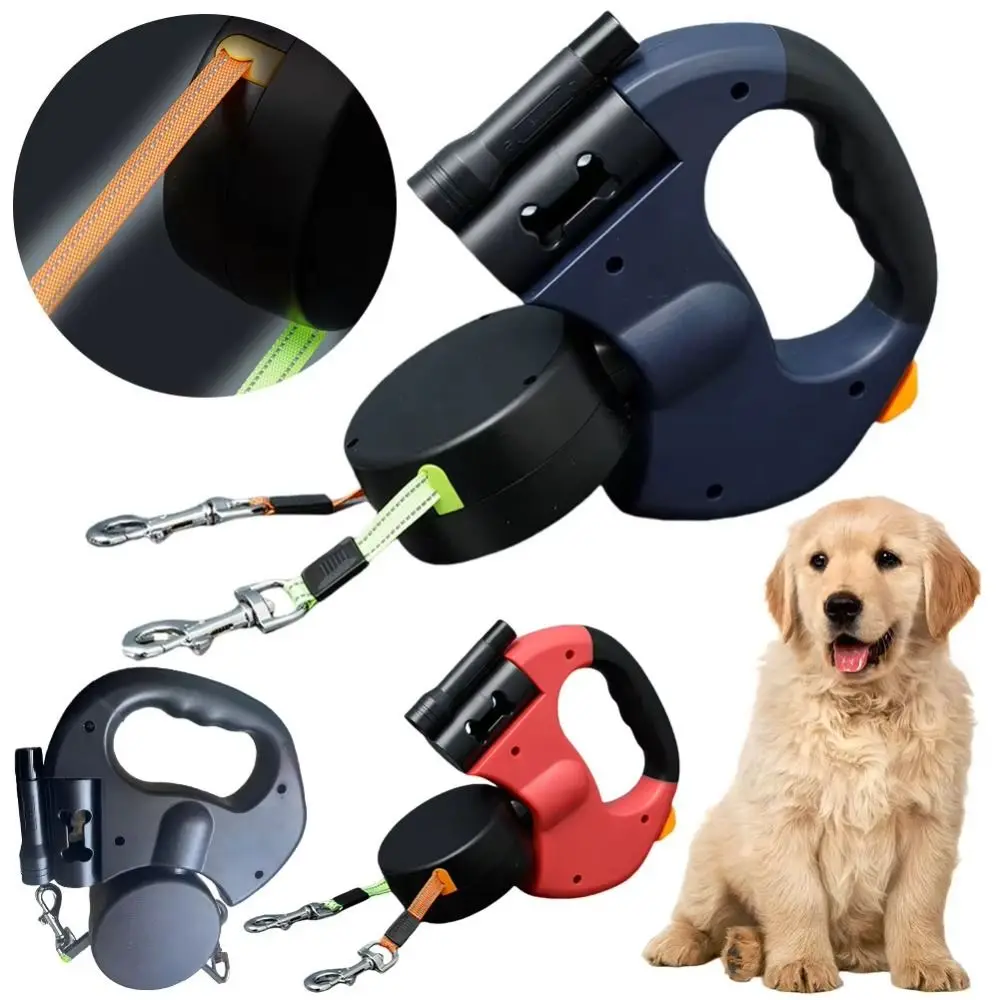 With Flashlight Dual Dog Retractable Leash Poop Bag Holder 360° Rotating Dog Tractions Rope Retractable LED Lights