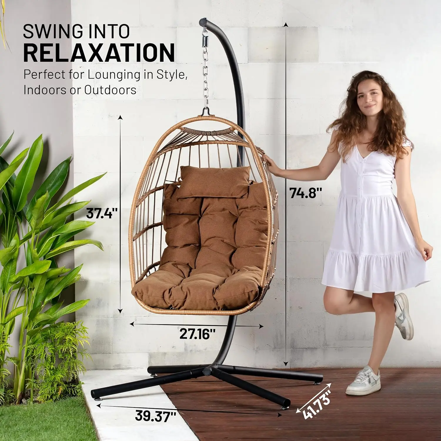 SereneLife Hanging Egg Chair with Stand - Up to 550 lbs of Capacity - Beautiful Swinging Basket Chair with Base Made from Wicker