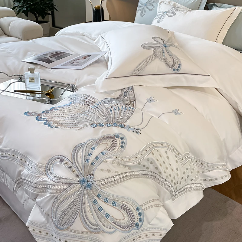 4Pcs 100%  Pure Cotton Light Luxury Style Bedding  Set Quilt Cover 200x230 220x240 Butterfly Embroidery Four Seasons