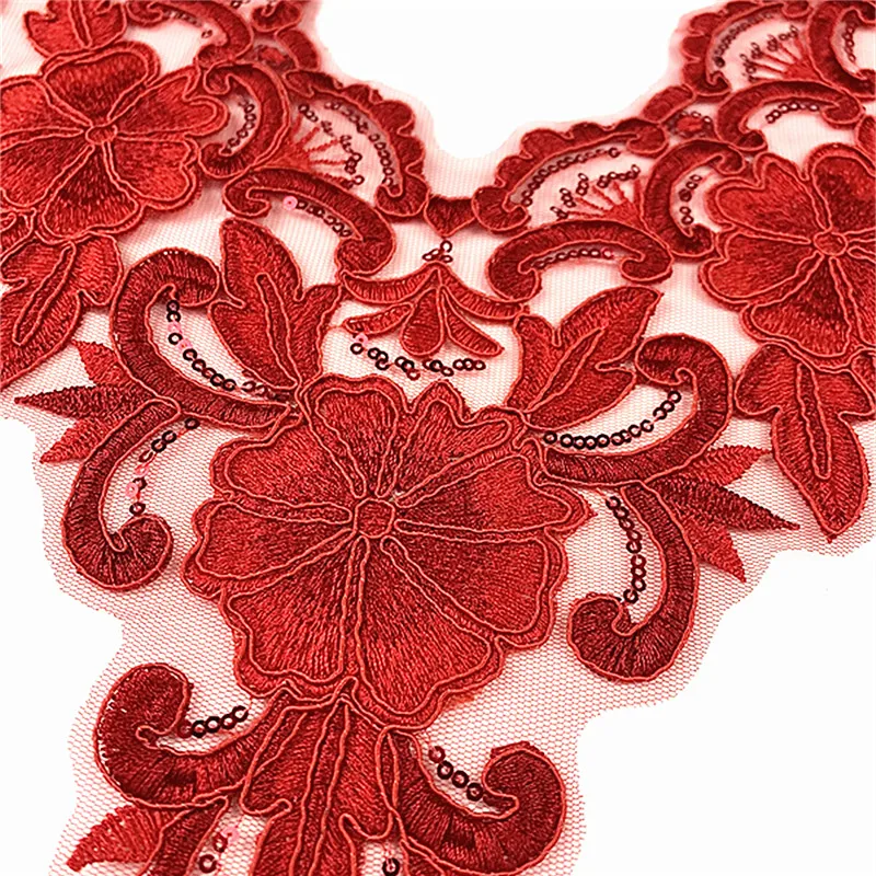 CHICKNIT 10 Stück 35x30cm Pailletten-Stickerei venezianischer Spitzenkragen rot gold DIY Neues Tanzkleid Partykleidung Accessoire CC05 – Detail 3