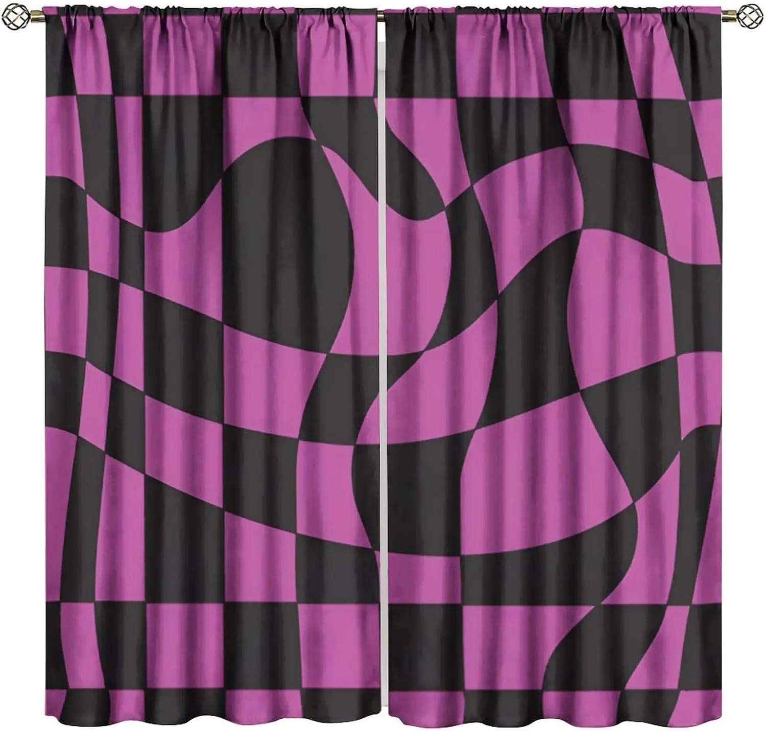 Boho Hippie Buffalo Plaid Black Purple Curtains, Rustic Farmhouse Twisted Plaid Print for Room Window Decor, Rod Pocket Drapes