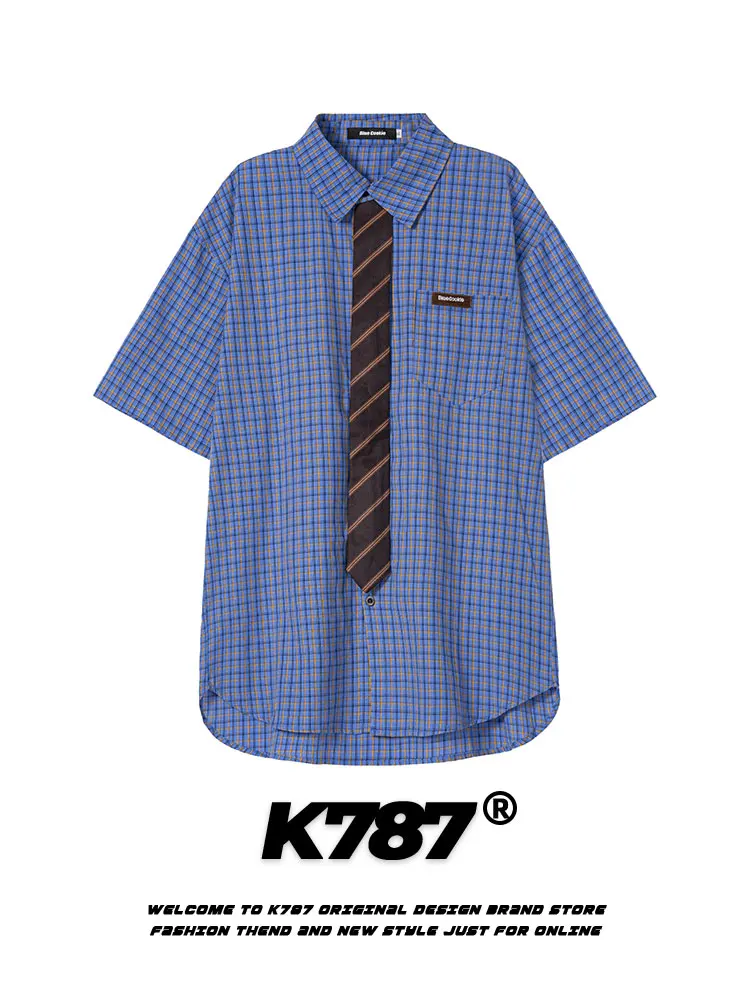 

K787 American Retro Plaid ort Sve irt ex Loose Summer Couple Tops Youth Faion No Ironing Treaent Other Material