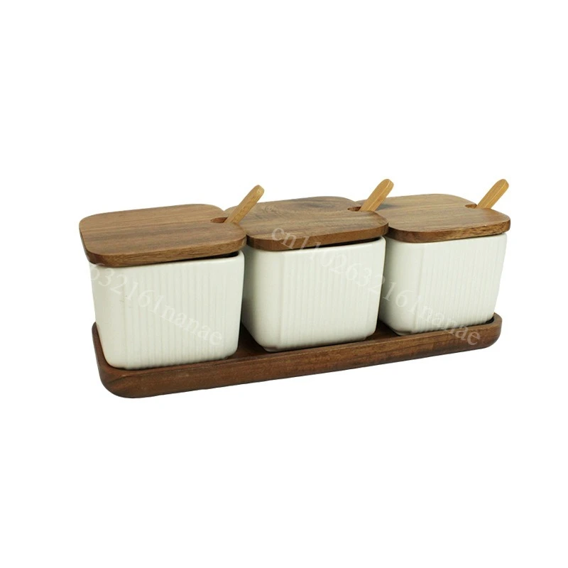White ceramic spice jars for kitchen jars with bamboo lids