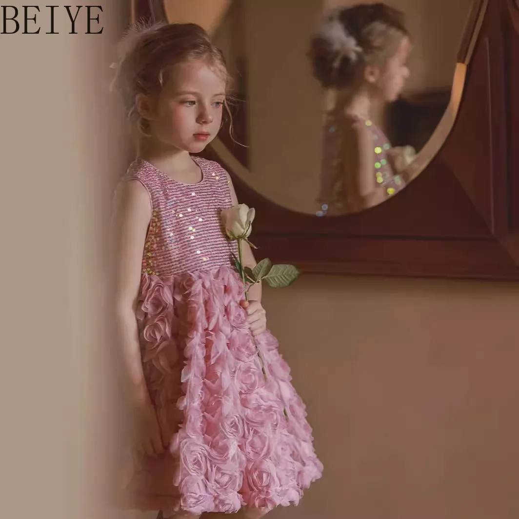 Girls Sequin Princess Dress 3D Rose Sleeveless Ball Gown Kids Birthday Party Dress Children Formal Evening Dresses Summer