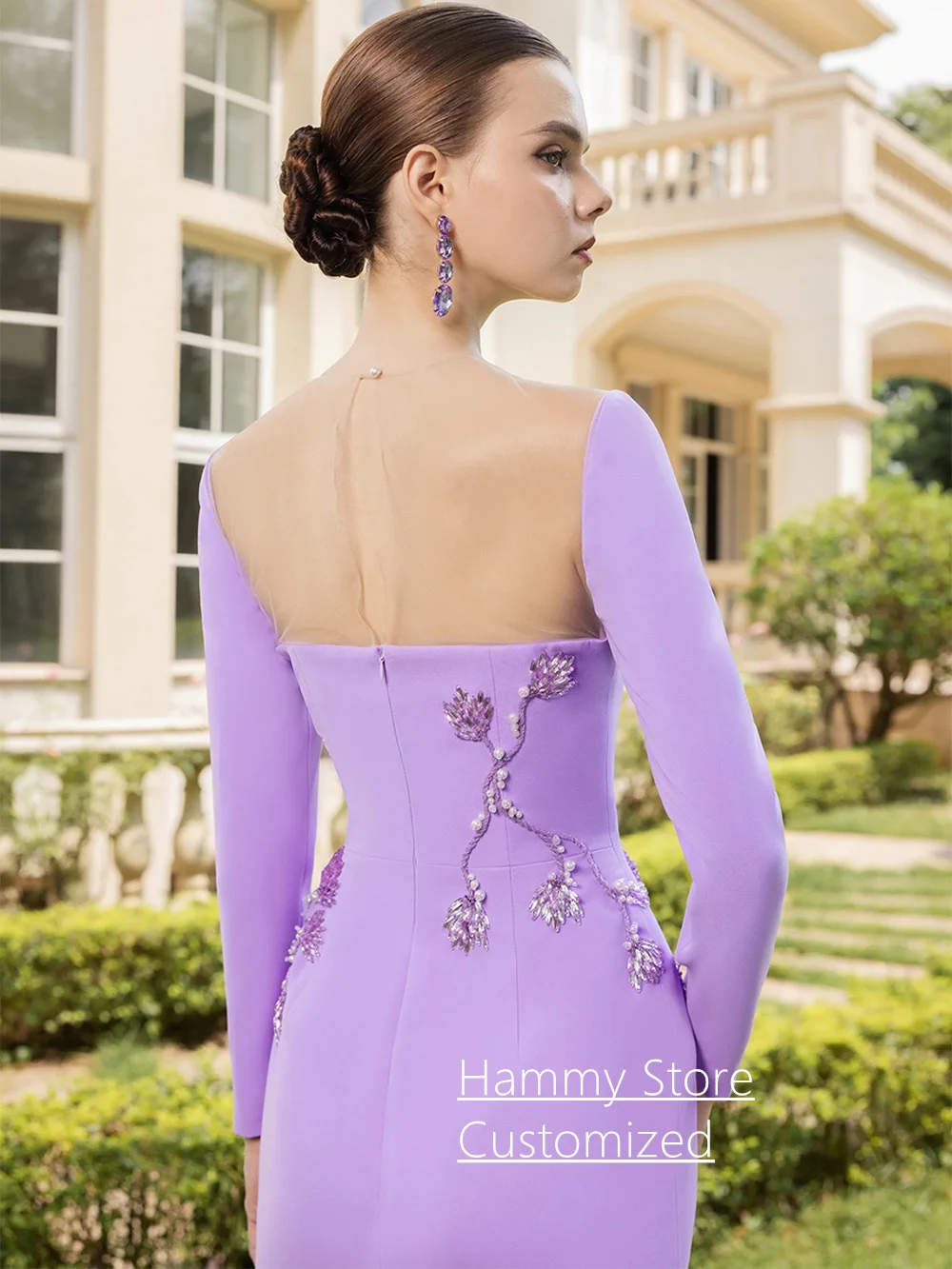 Lilafarbenes Abendkleid für Damen, individuell gestaltet, lange Ärmel, Kristallperlen, bodenlang, Kleider für besondere Anlässe, Abschlussballkleid