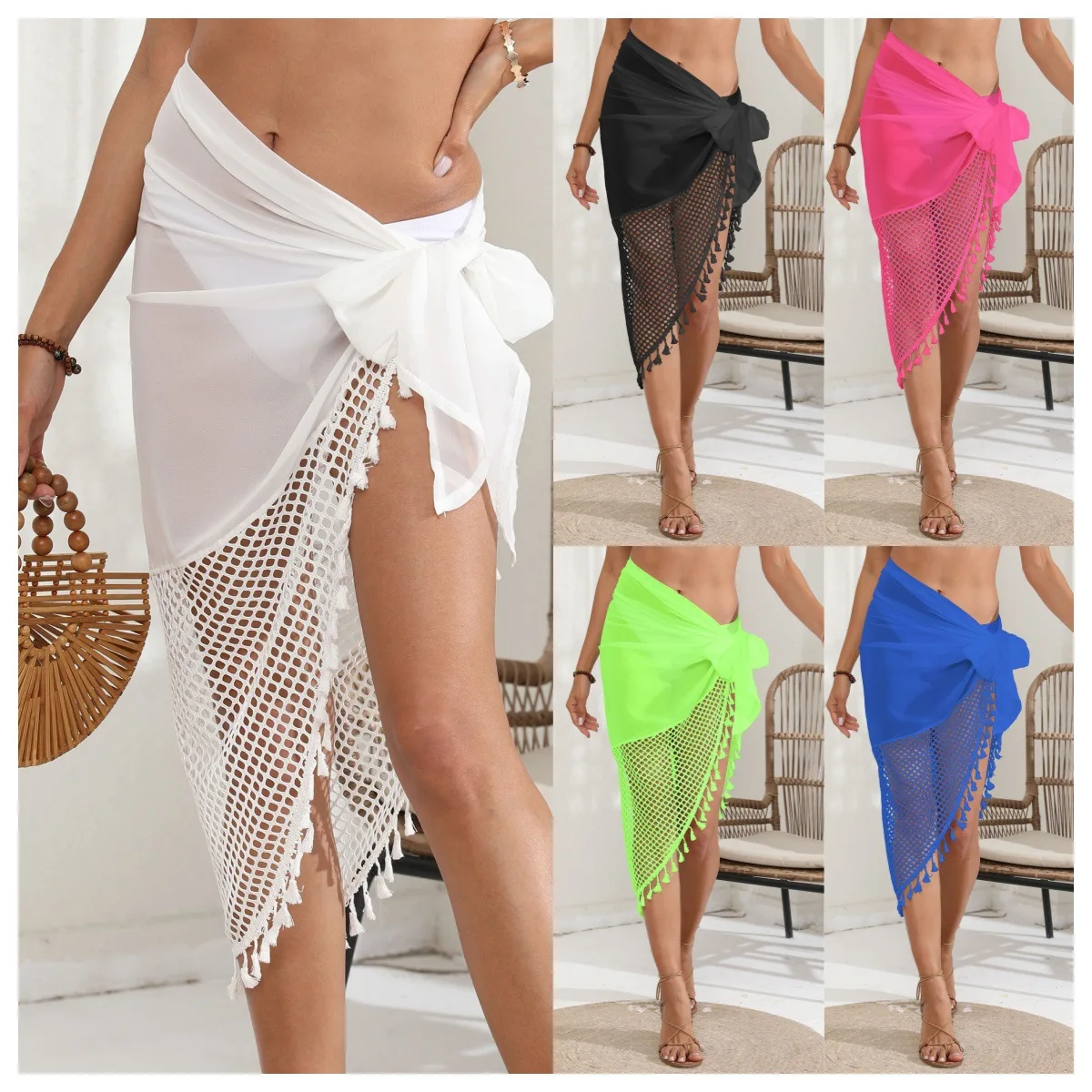 Women Tassel Trim Knot Side Bikini Cover Up Beachwear Sarongs Beach Wrap Hollow Out Mesh Chiffon Bikini Cover-Ups Swimwears