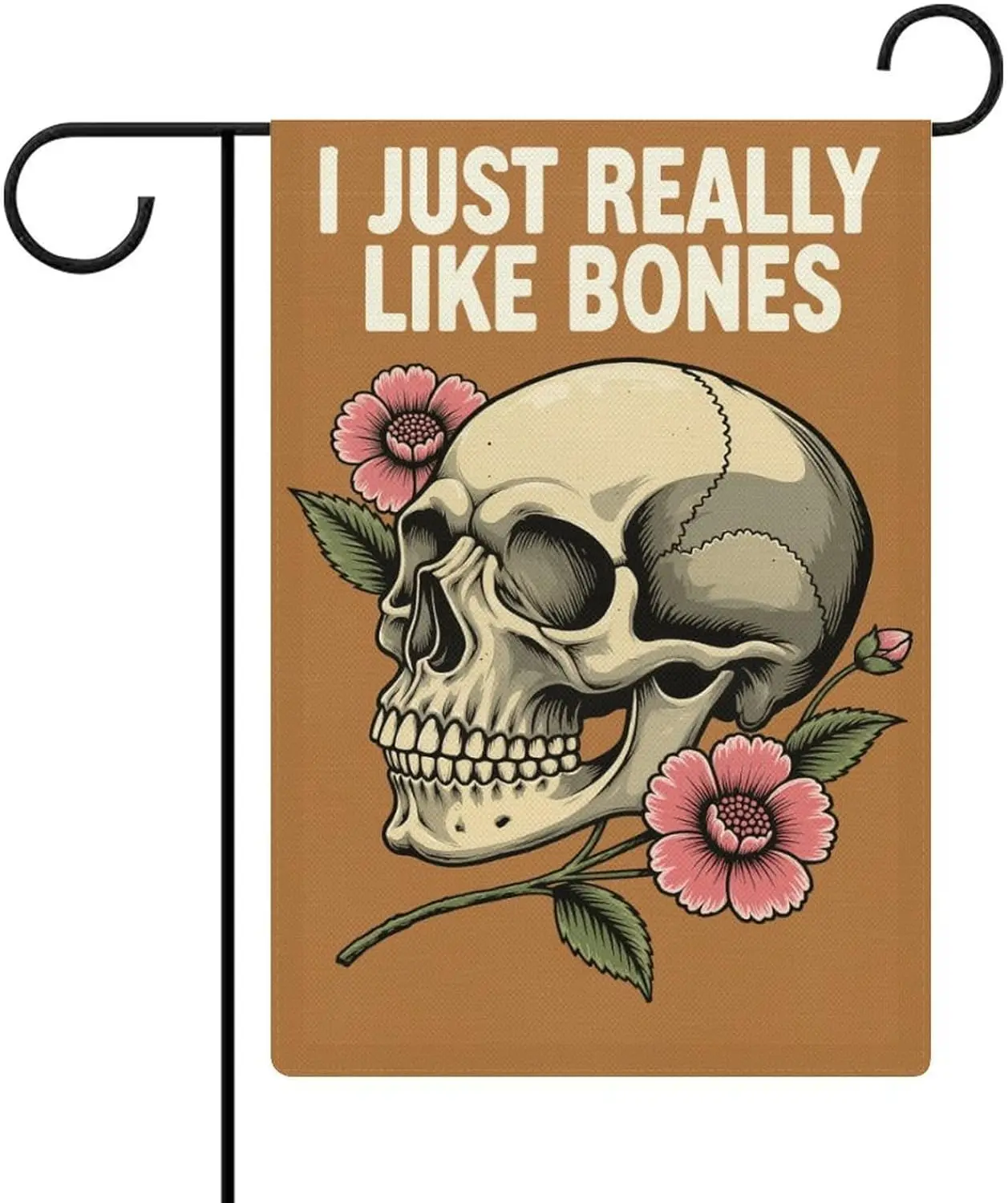 Skull & Floral - 'I JUST REALLY LIKE BONES' Garden Flag - Linen Fabric, Perfect for Gardens And Outdoor Dining. DDI GGX