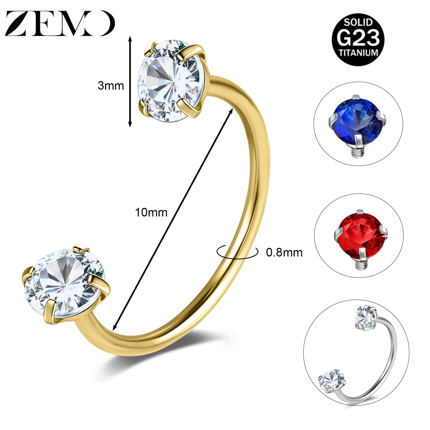 ZEMO 1 Stück 20G ASTM-F136 Titan Stahl Hufeisen Nasenringe Doppel CZ Kristall Schraube Septum Ringe Helix Lippenpiercings Ohrringe