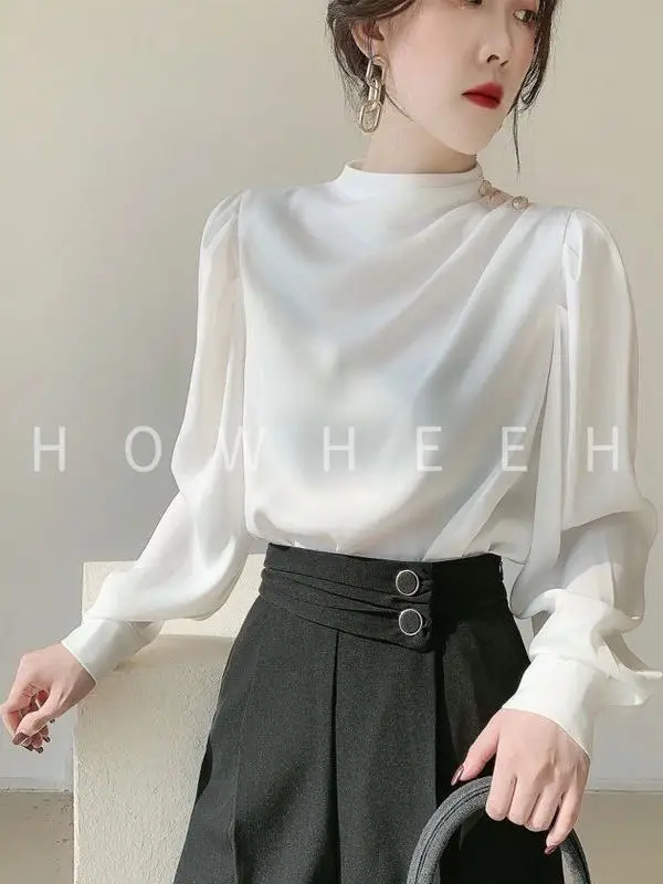 

Elegant White Silk Shirt Hong Kong Style Loose Fit Long Sleeve Stand Collar Women's Fashion Autumn Top Trendy Mature Light