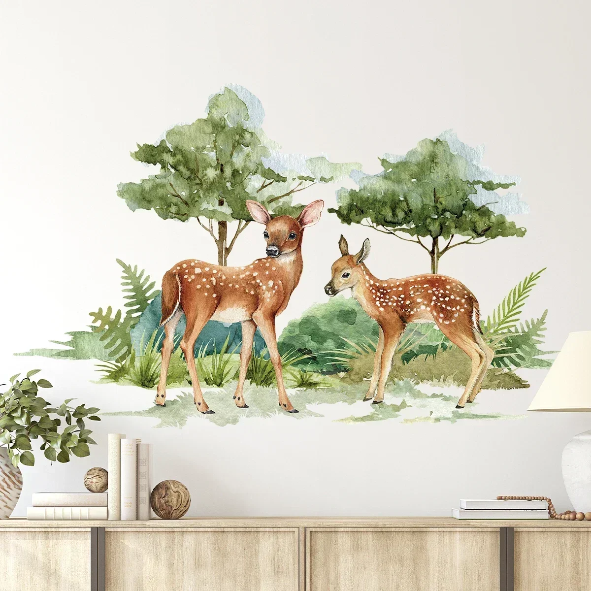 Deer Foraging Watercolor Illustration Wall Stickers for Kids Room Bedroom Living Room Home Decoration Wall Decals