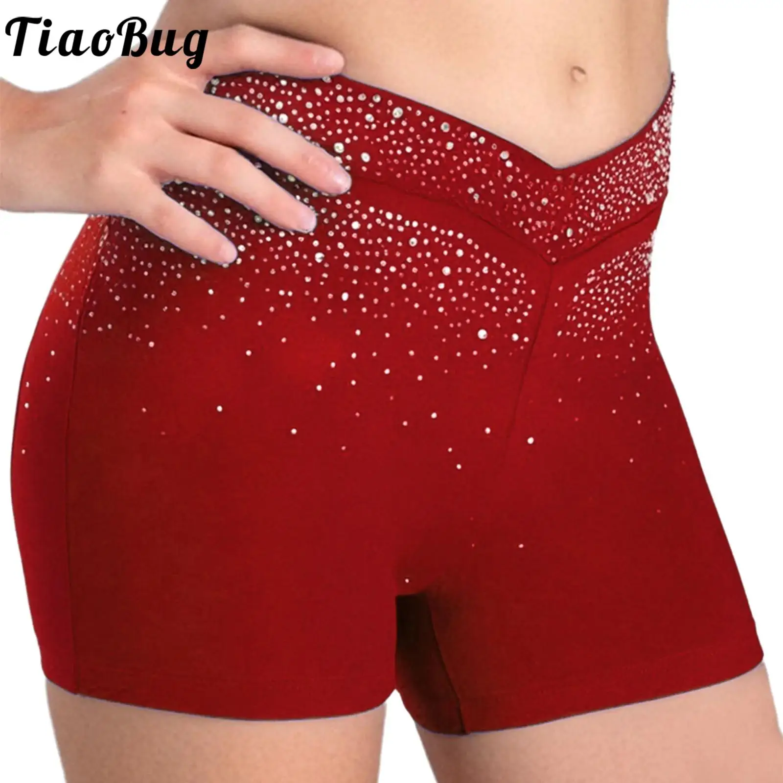 Girls Sparkly Rhinestones Ballet Dance Gymnastic Shorts V-Front Elastic Waistband Figure Skating Acrobatics Performance Leggings