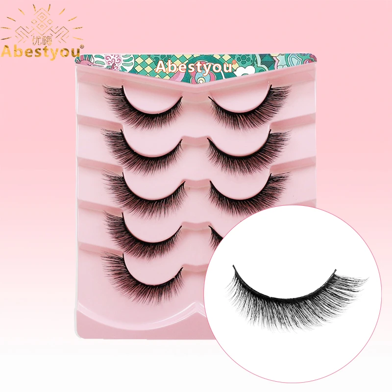 Abestyou 5pairs 12mm Cat Eye Mink Fluffy Winged Tapered Natural Look Lashes Daily Wear Thin Reusable Fake Eyelashes Makeup Tools