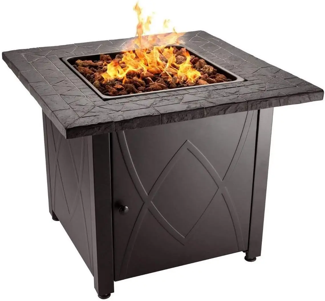 

30 Inch 30,000 BTU LP Gas Outdoor Propane Gas Lava Rock Patio Space Fire Pit Table with Slate Tile Mantel, 30"D x 30"W x 24"H