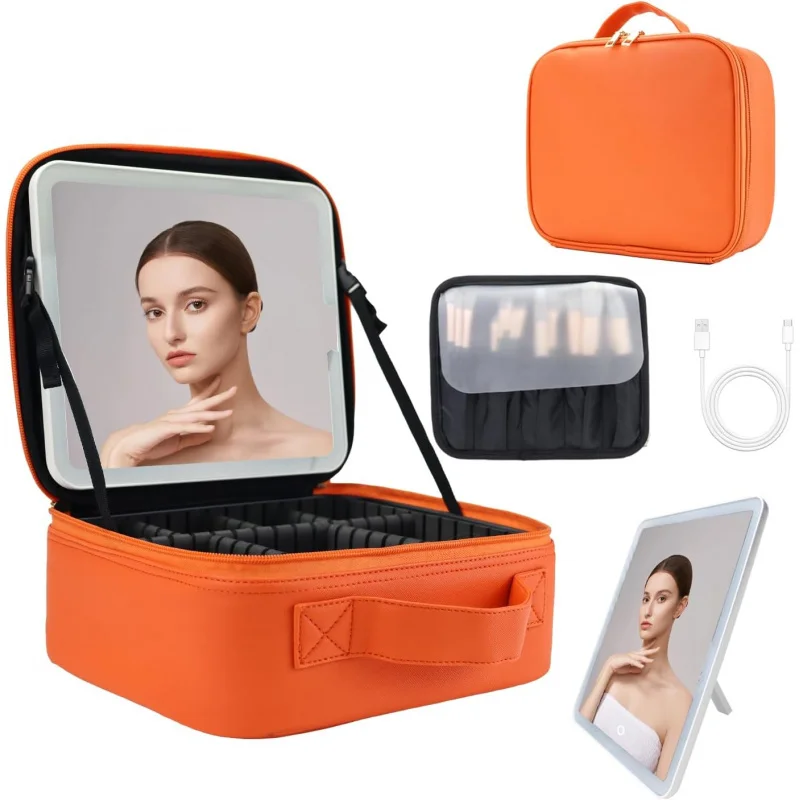 

LED Mirror,Travel Organizer, Makeup Bag With 3 Color Lighted Setting, Portable Storage And