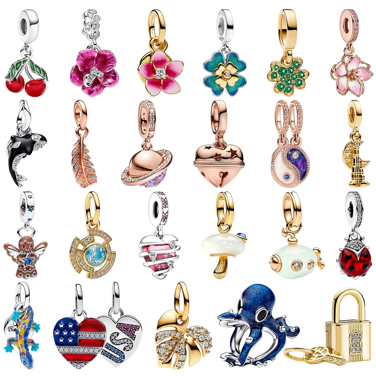 S925 Silver Charm Beads Cherry Blossom Four Clover Whale Feather Bell Ladybug Lizard Leaf Lock Charm Fit Bracelet Fine Jewelry