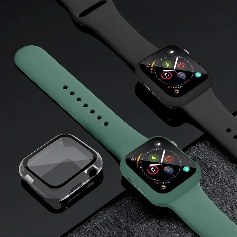 Glass+Case+Strap For Apple Watch band 44mm 40mm 45mm 41mm 38mm 42mm sport bracelet iWatch series 8 9 7 6 5 4 3 SE Silicone band
