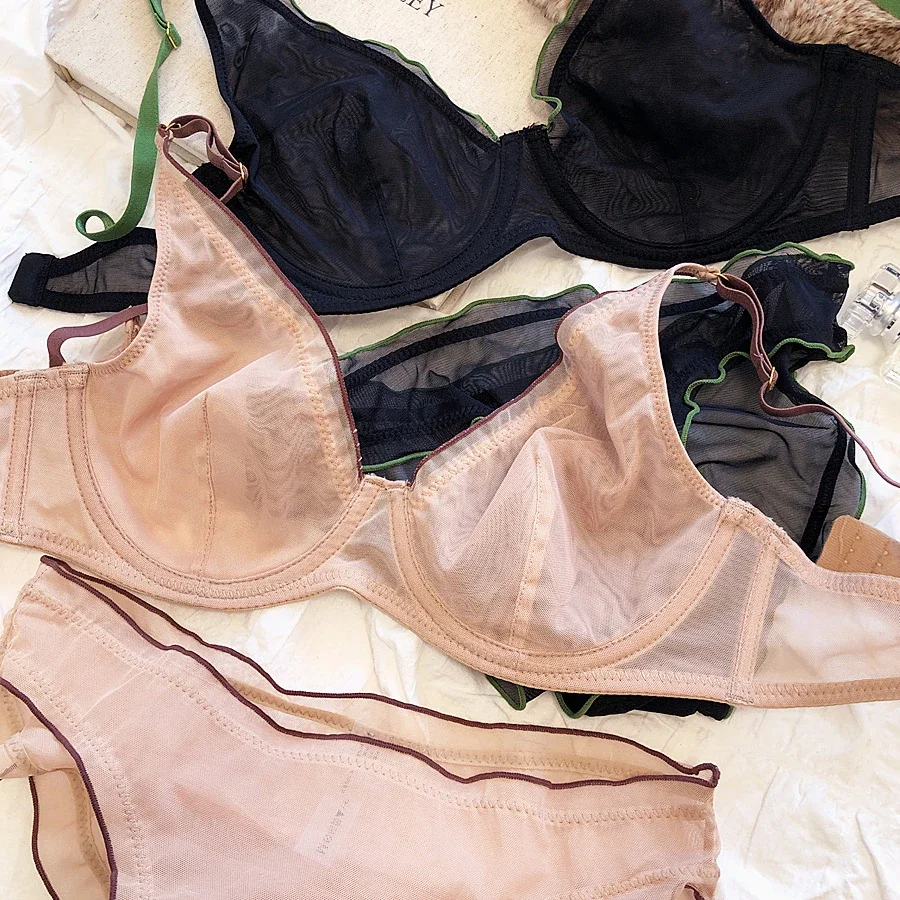 2 Pieces French Ultra Thin Underwear Set for Women Sexy Lace Push Up Bra Set Summer Mesh Comfort Breathable Lingerie and Panties