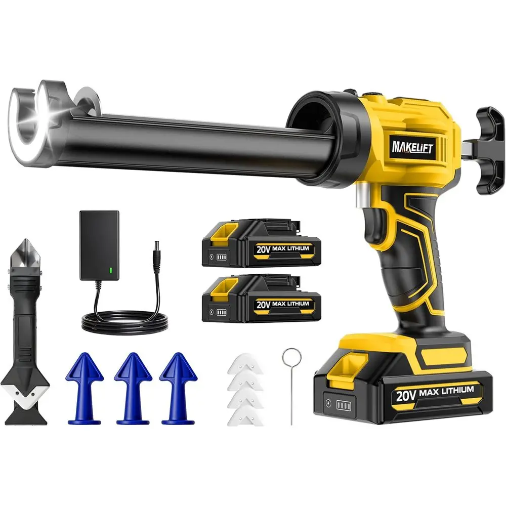 

10oz Cordless Caulking Gun with 2x2000mAh Batteries, 4 Adjustable Settings, LED Light, Auto Retraction, 9 Silicone Tools for Sea