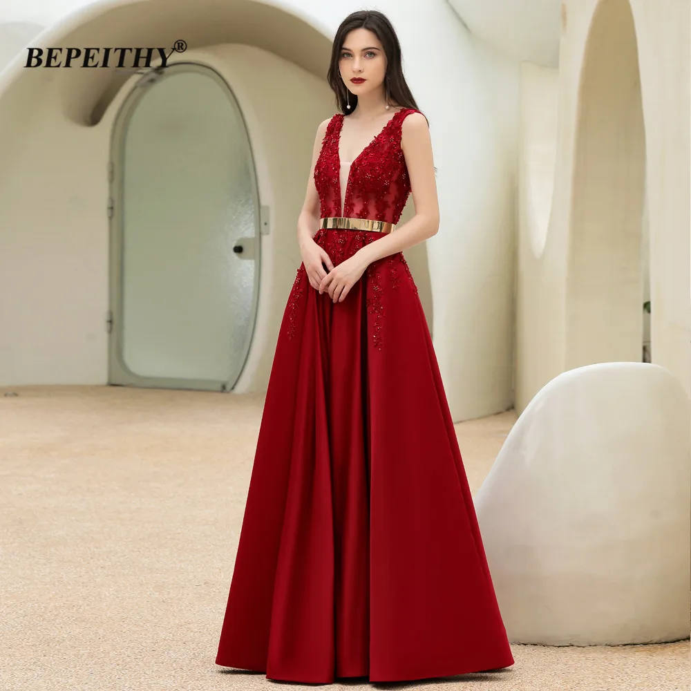 BEPEITHY Customized Backless Long Evening Dress Luxury 2023 Sleeveless A-Line Sexy Prom Dresses For Women V Neck Party Gown