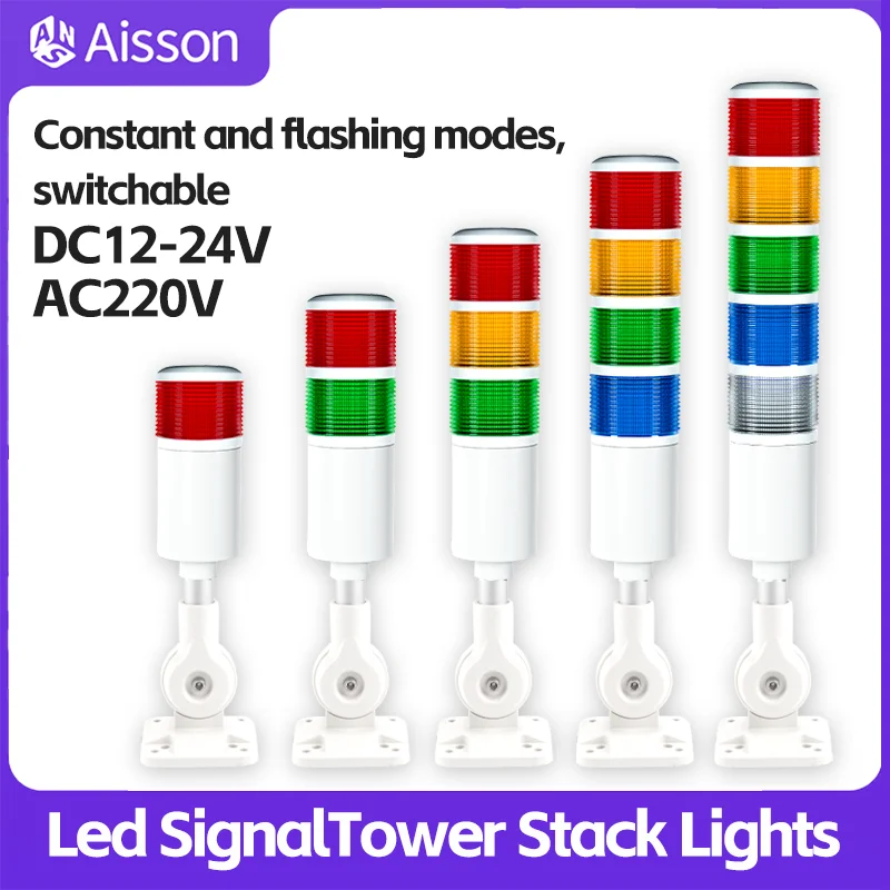 Industrial LED Signal Tower Stack Lights for CNC Machines DC12-24V/AC220V Steady Flashing Modes, with Warning Lights Buzzer