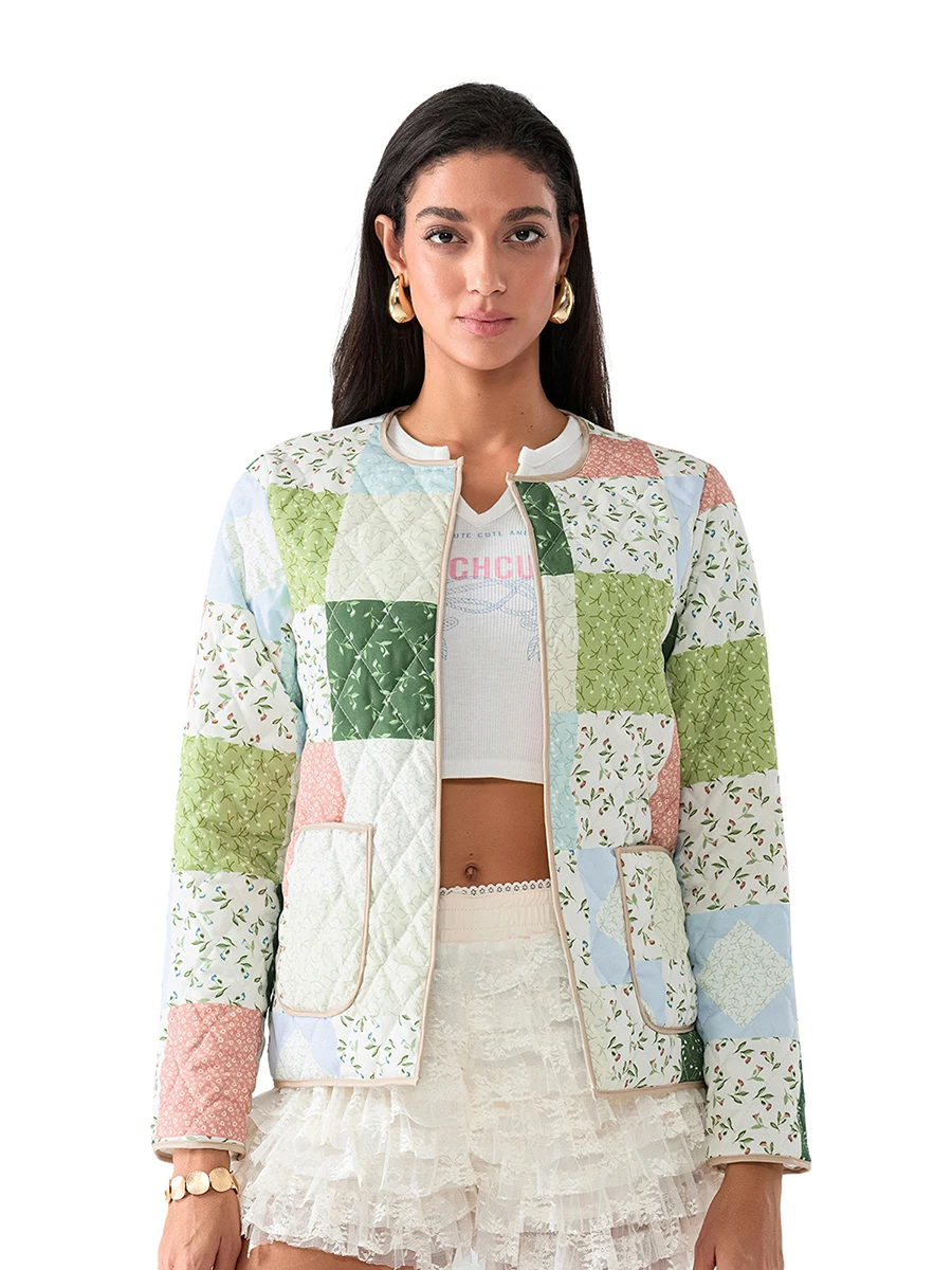 Chaqueta acolchada con estampado Floral para mujer, cárdigan frontal abierto, Abrigo acolchado de manga larga, prendas de vestir exteriores, Otoño e Invierno