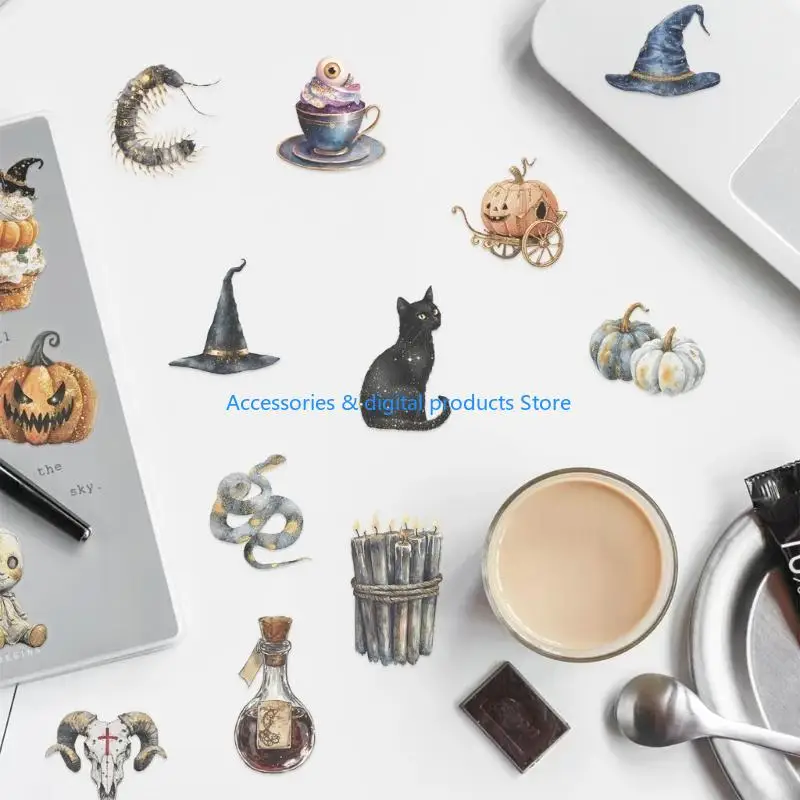 77JD 50pcs Removable Transparent Stickers Halloween Witchcraft Design Waterproof Decals For DIY Crafting Phone Case