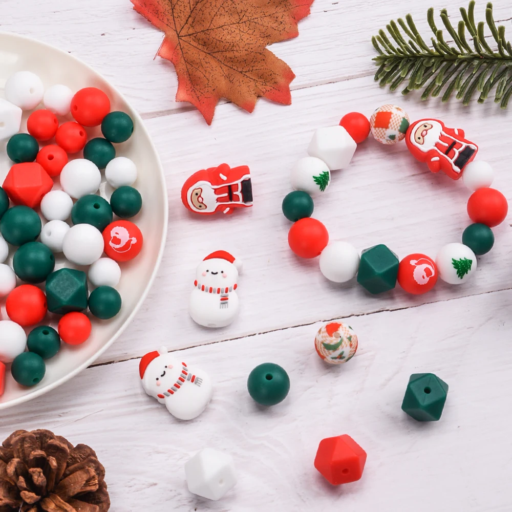 LOFCA 64pcs Christmas Silicone Focal Round Beads Silicone Six sides Beads Set Use DIY Necklace Bracelets Accessories for jewelry