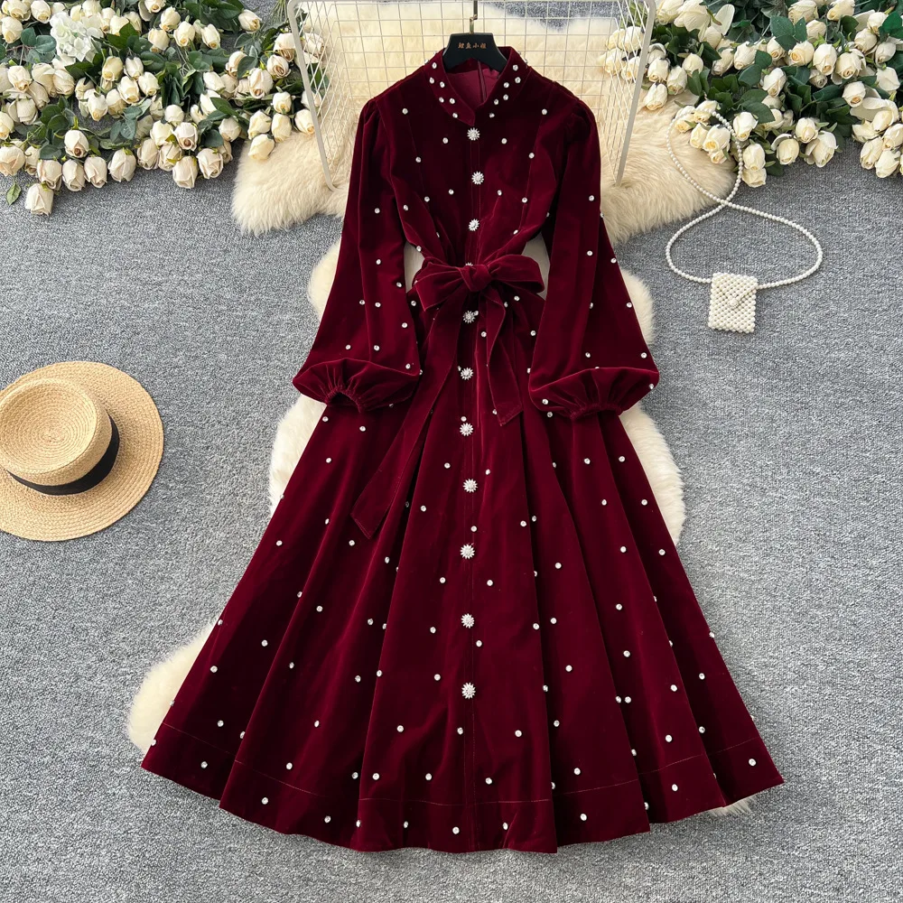 Women Rhinestone Lace Up Dresses Velvet Solid Dress A Line Lantern Sleeve Ankle Lenth Single Breasted Casual Elegant 2025 Autumn