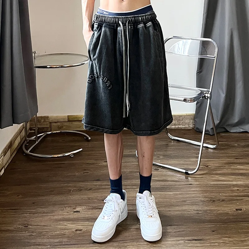 American Street Hiphop Washed Old Cotton Shorts Men Streetwear Ins Fashion Brand Loose Casual Elastic Waist Capris