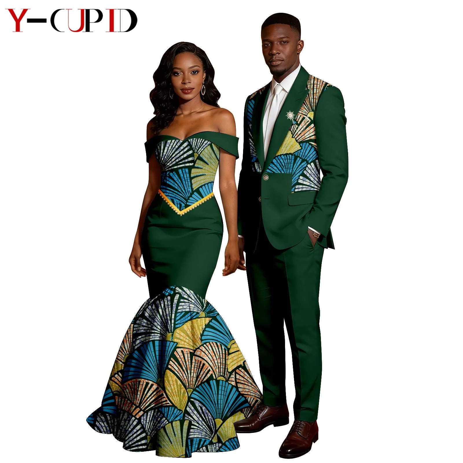 

African Print Long Mermaid Dresses for Women Matching Men Outfit Dashiki Top Jackets and Pant Sets Couples Clothes Party Y23C054