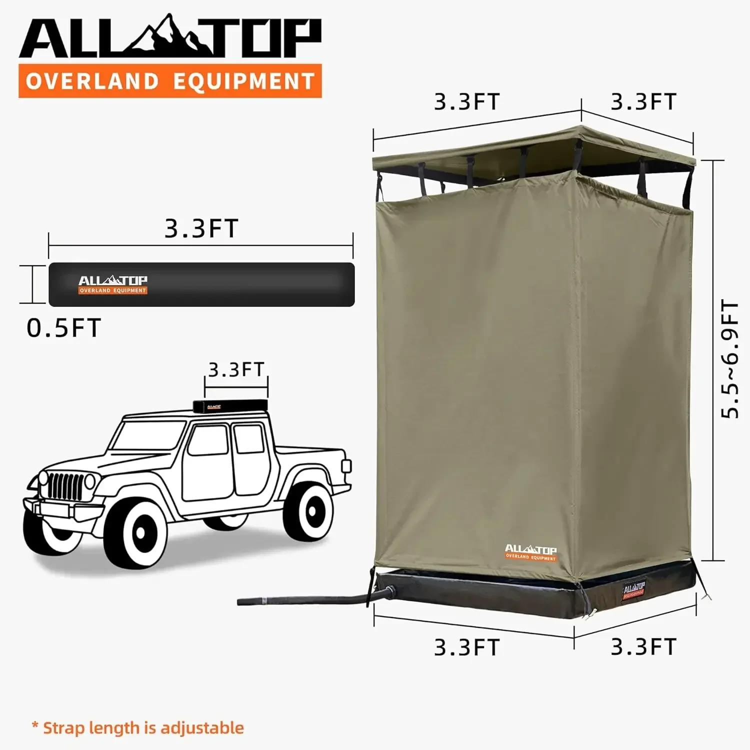 

Душевая кабина-тент со складным напольным ковриком, 3,3 x 3,3 фута, уединенное укрытие для туалета с крышей, LED-подсветкой, дренажной трубой, для установки у автомобиля