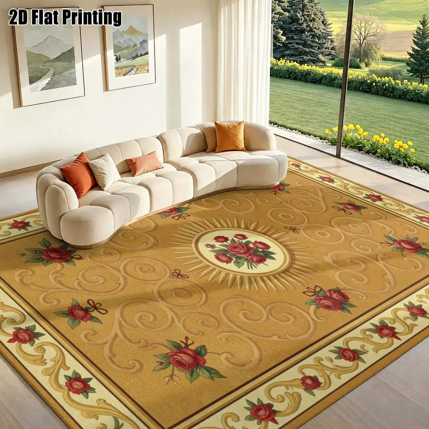 1Pc 2D Printed Carpet: Warm Brown Red Rose Retro European Style, Home Decor, Multi-Size, Machine Washable, for Entrance, Dining, Foyer, Bedroom, Study, Living Room