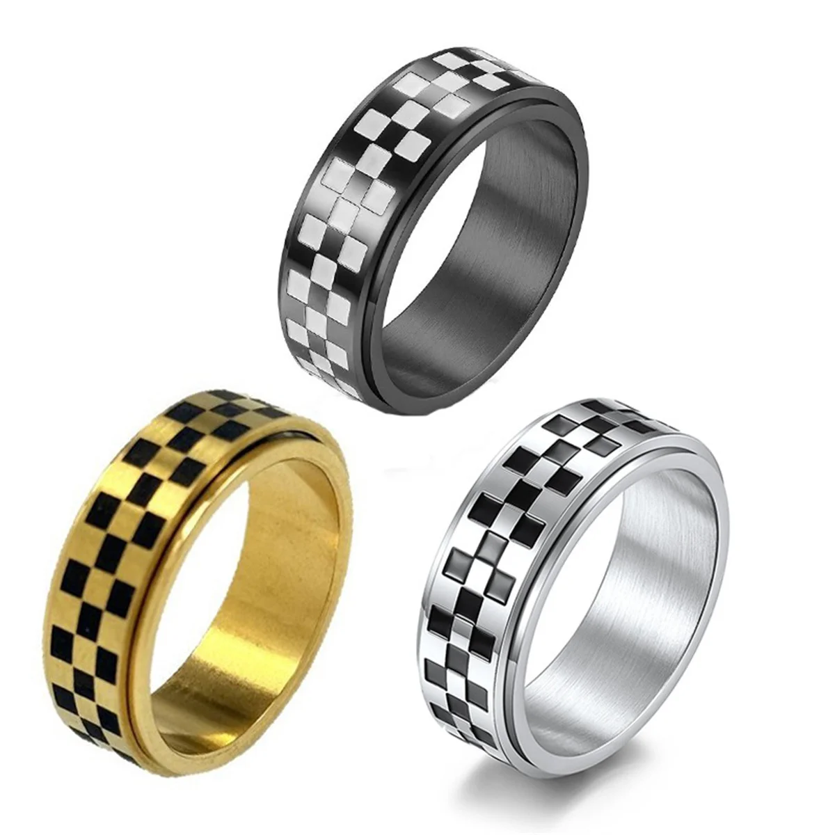 Racing Checkerboard Fidget Spinner Men Rings Stainless Steel Punk Rock Simple Women Jewelry Fashion Accessories Gift Wholesale