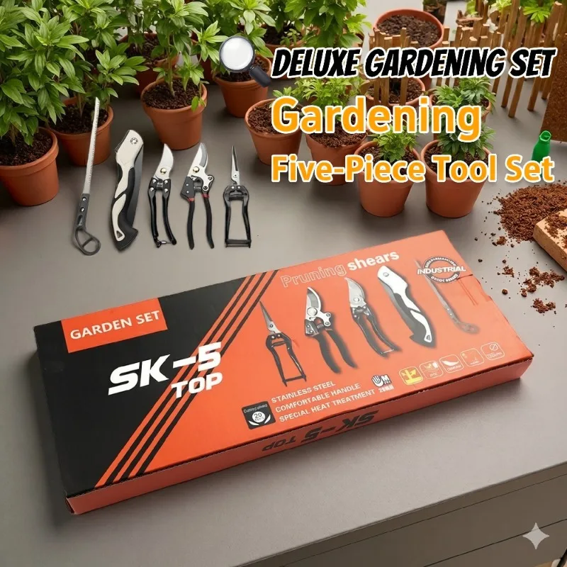 

5Pcs SK5 Steel Garden Tool Set Heavy Duty Pruning Shears Folding Saw Branch Trimmer Bypass Pruner Yard Plant Care Hand Tools Box