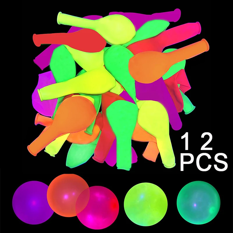 12pcs Neon Glow Balloons Under Purple Light Lamp Reusable  Baloon Party Balloon Fluorescent Birthday Party Decor