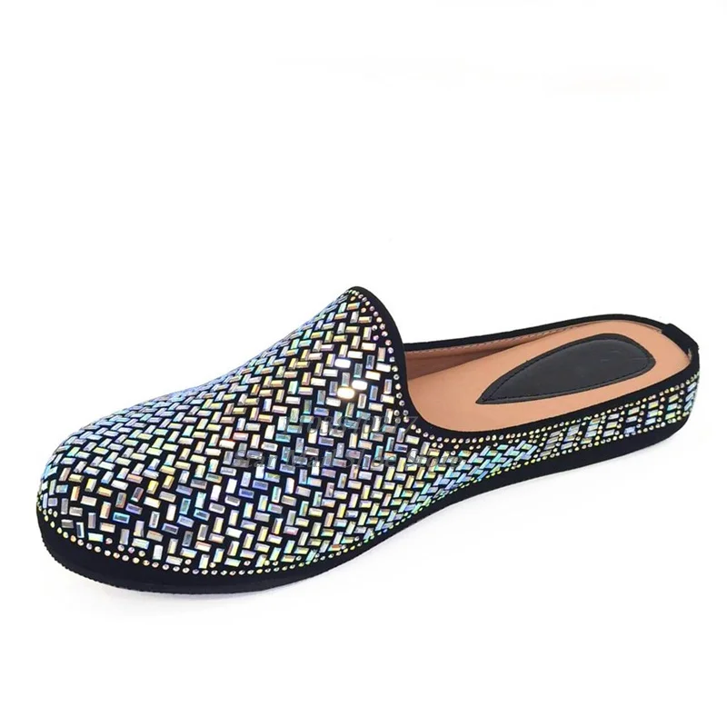 Scarpe con diamanti pressati con strass a strisce comode scarpe con strass da 3Cm con tacco basso eleganti mezze pantofole Casual con punta tonda