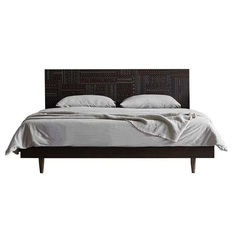 

Nordic all solid wood oak soft bag bedroom wedding bed, light luxury black walnut Japanese tatami floor bed