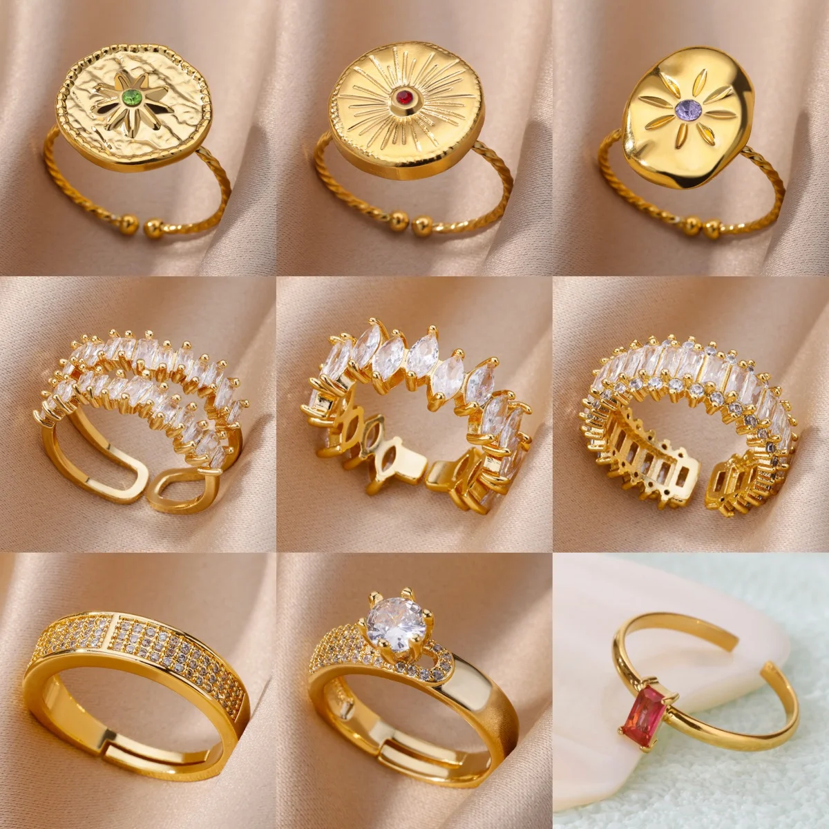 Luxuriöse Blumen-Zirkonia-Ringe für Frauen, farbig plattierter Gold-Edelstahl, minimalistischer Schmuck, Ohrringe, Geschenk, kostenloser Versand
