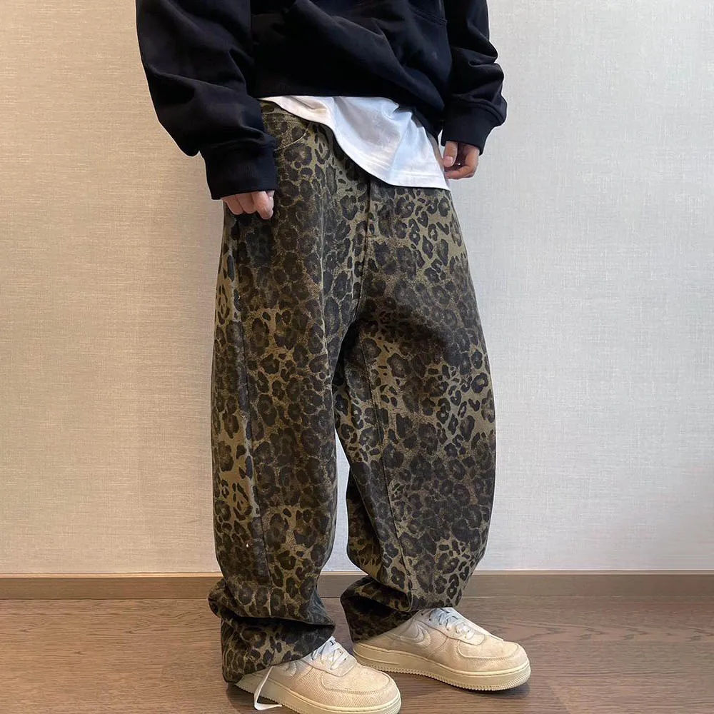 

Men's Leopard Print Trousers American Retro Fashion Trend Street Hip-Hop Loose Casual Breathable Niche Summer New Men's Bottoms