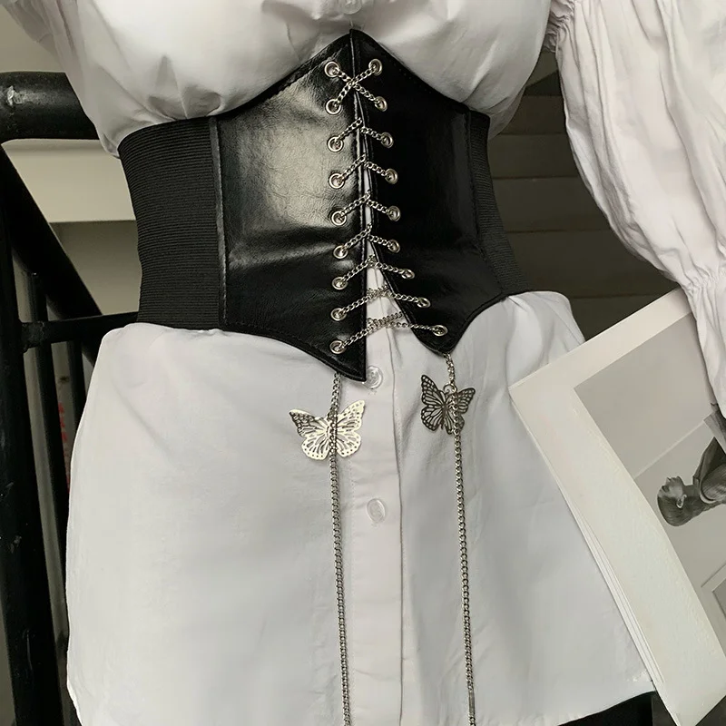 Butterfly Chain Corset Wide Belts Faux Leather Slimming Body Shaping Girdle Belt Women Elastic Tight High Waist for Daily Wear