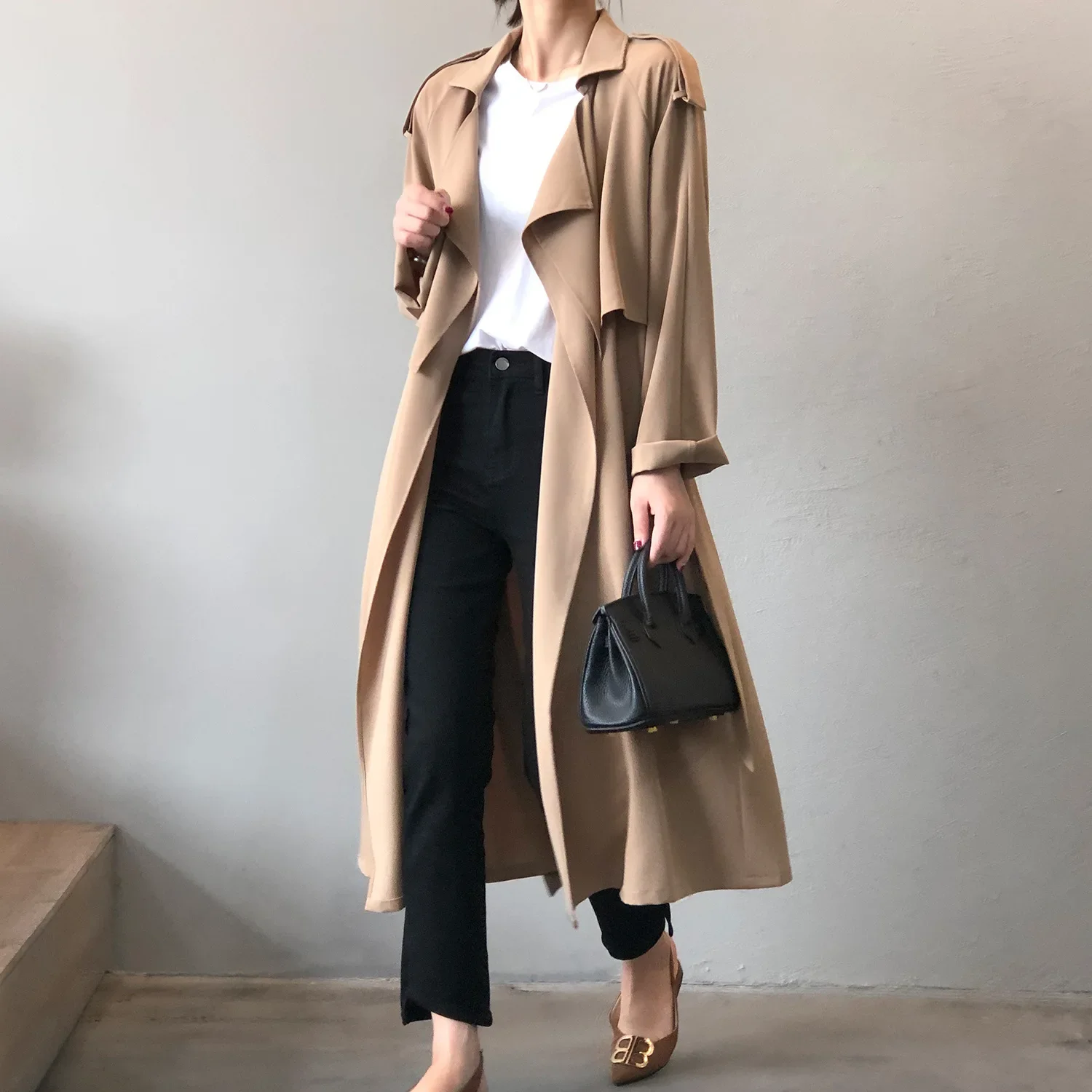 Women Clothing 2024 Autumn New Fashion Temperament Long Trench Coat Retro British Style Loose Coat Woman Solid Color Trench