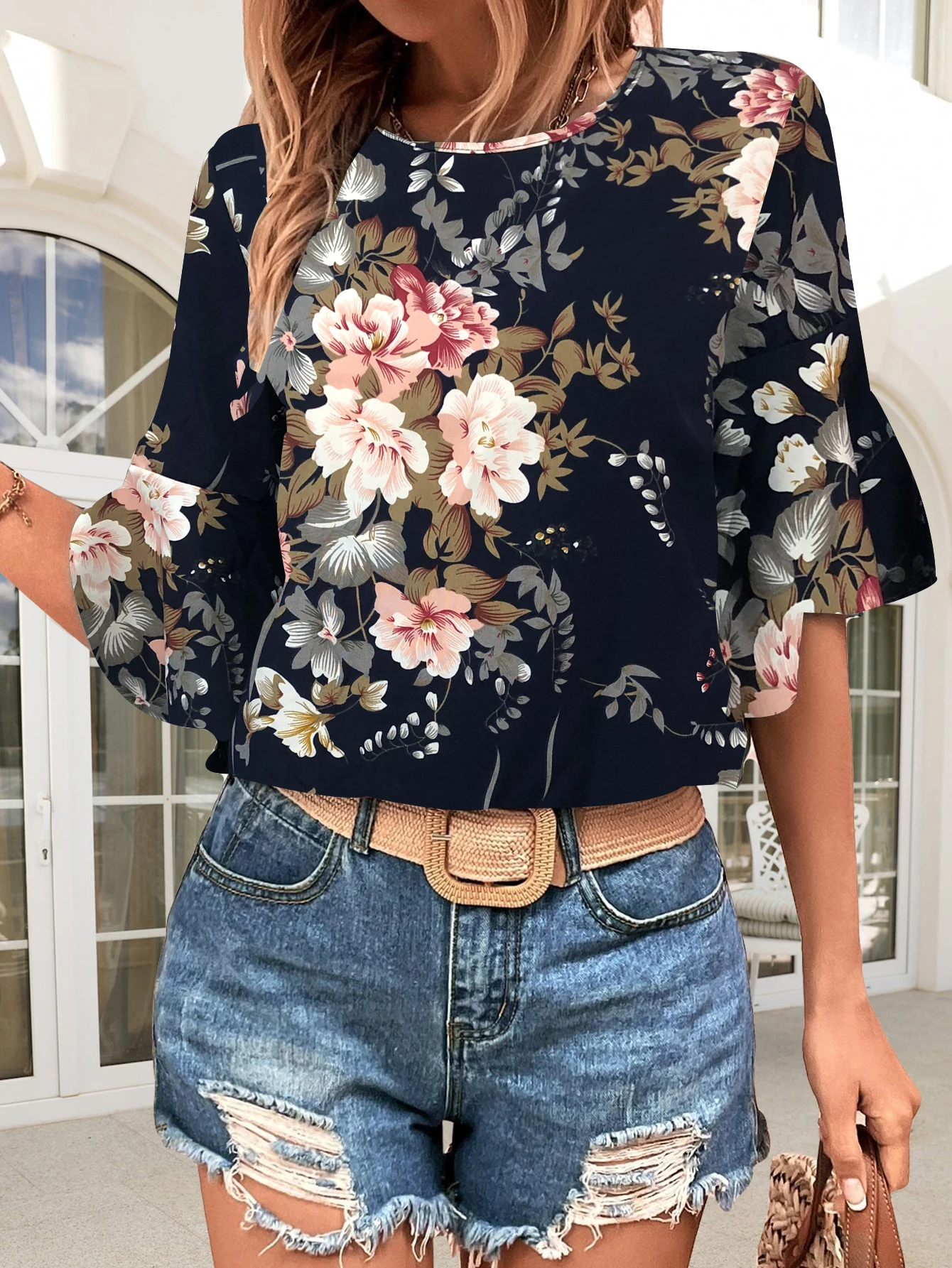 Summer Casual Floral Printed Blouses Shirts Women Basic Neck Half Sleeve Tops Ladies Vintage Chic Blouses