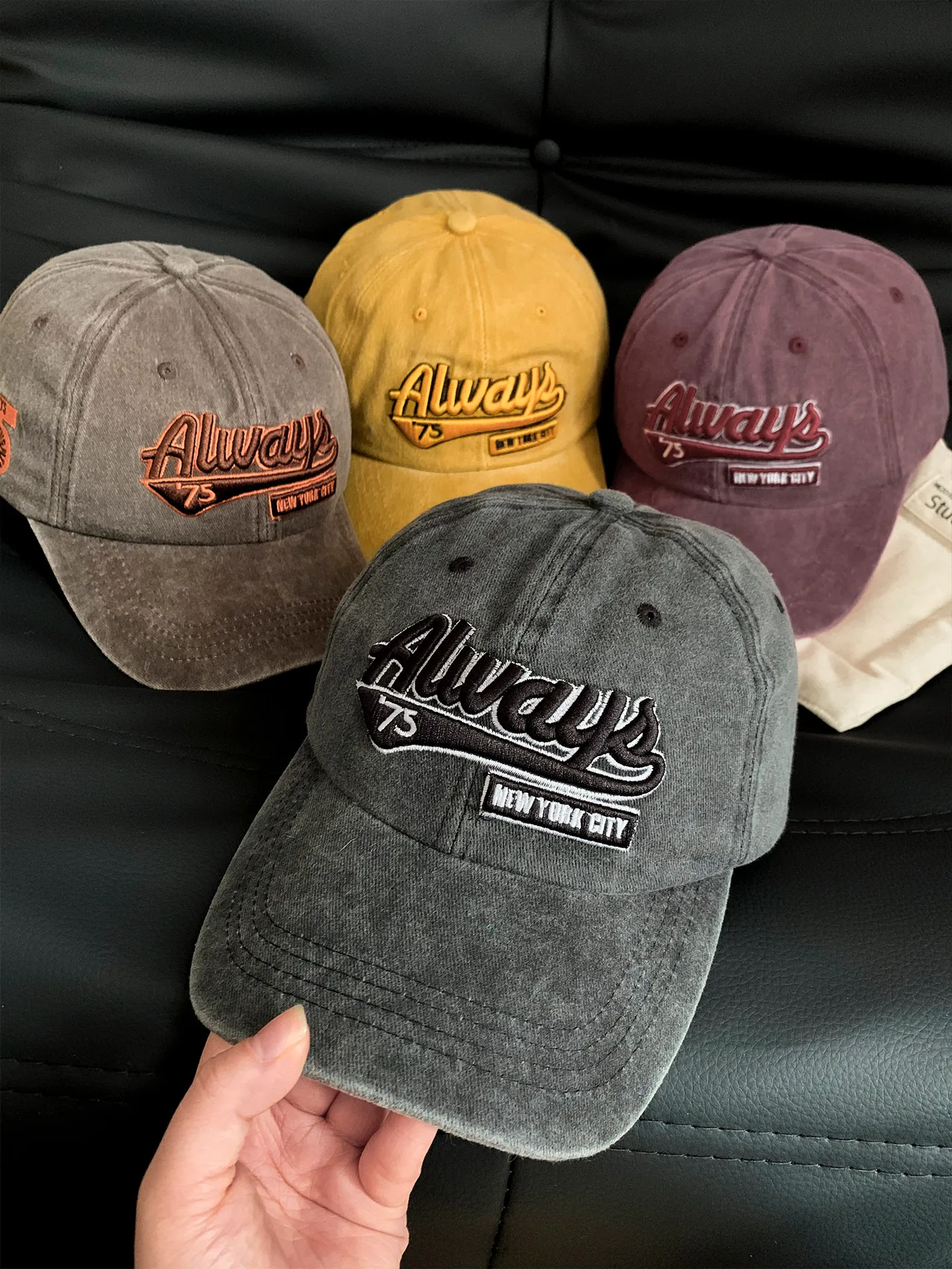 Gewaschene Baumwoll-Baseballkappe für Damen und Herren, Unisex, mit gesticktem Schriftzug, Schwarz-Grau, breiter Krempe, Dad Hat, lässige Outdoor-Sport-Trucker-Kappe