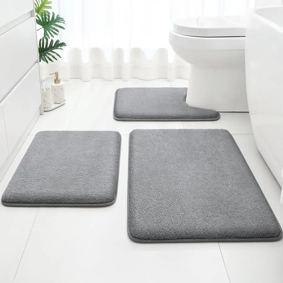 

Upgraded Bathroom Rugs Set 3 Piece, Extra Thick Absorbent Soft Memory Foam, Washable Toilet Bath Mat Grey,17x2420x32U Shape 20x2