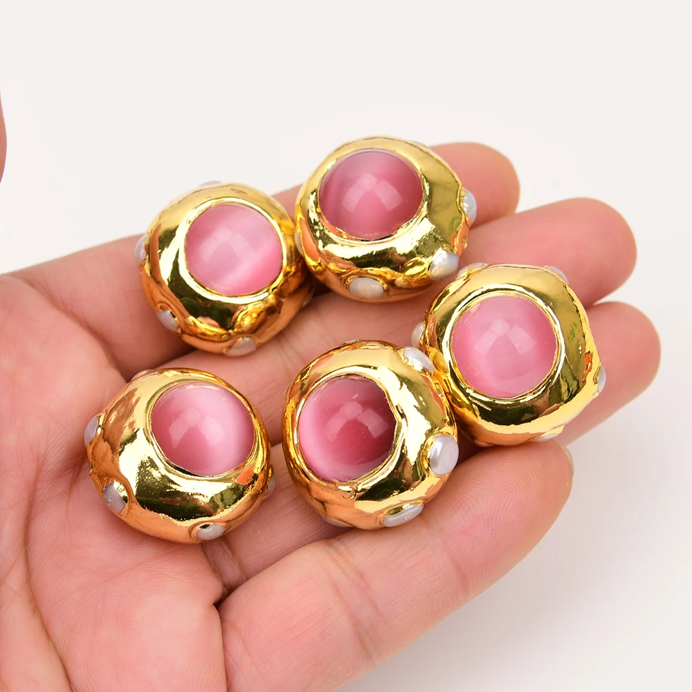5 Pcs Big 25mm Pink Cat Eye Cultured White Pearl Paved Gold Edge Plated Bezel Loose Beads Jewelry DIY